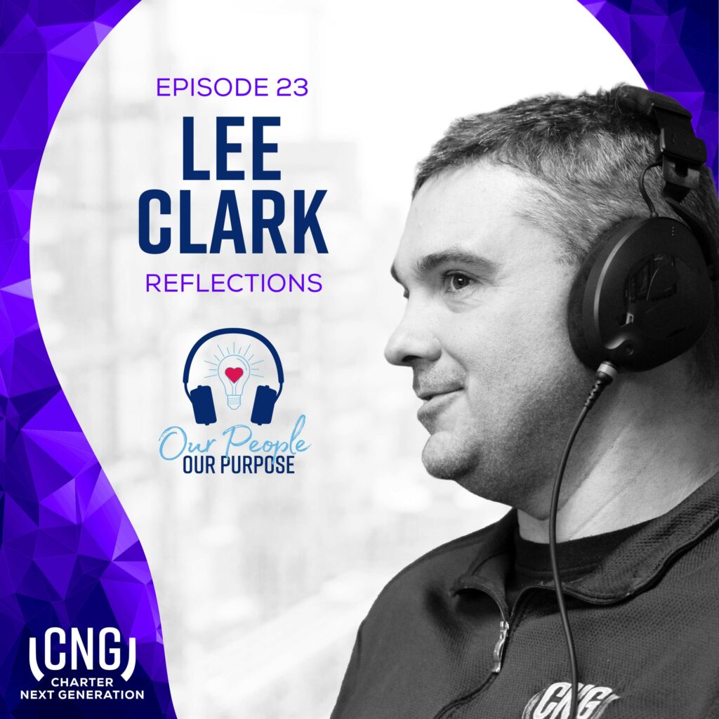 Promotional graphic for "episode 23: reflections" from the podcast "Our People Our Purpose," featuring Lee Clark wearing headphones.