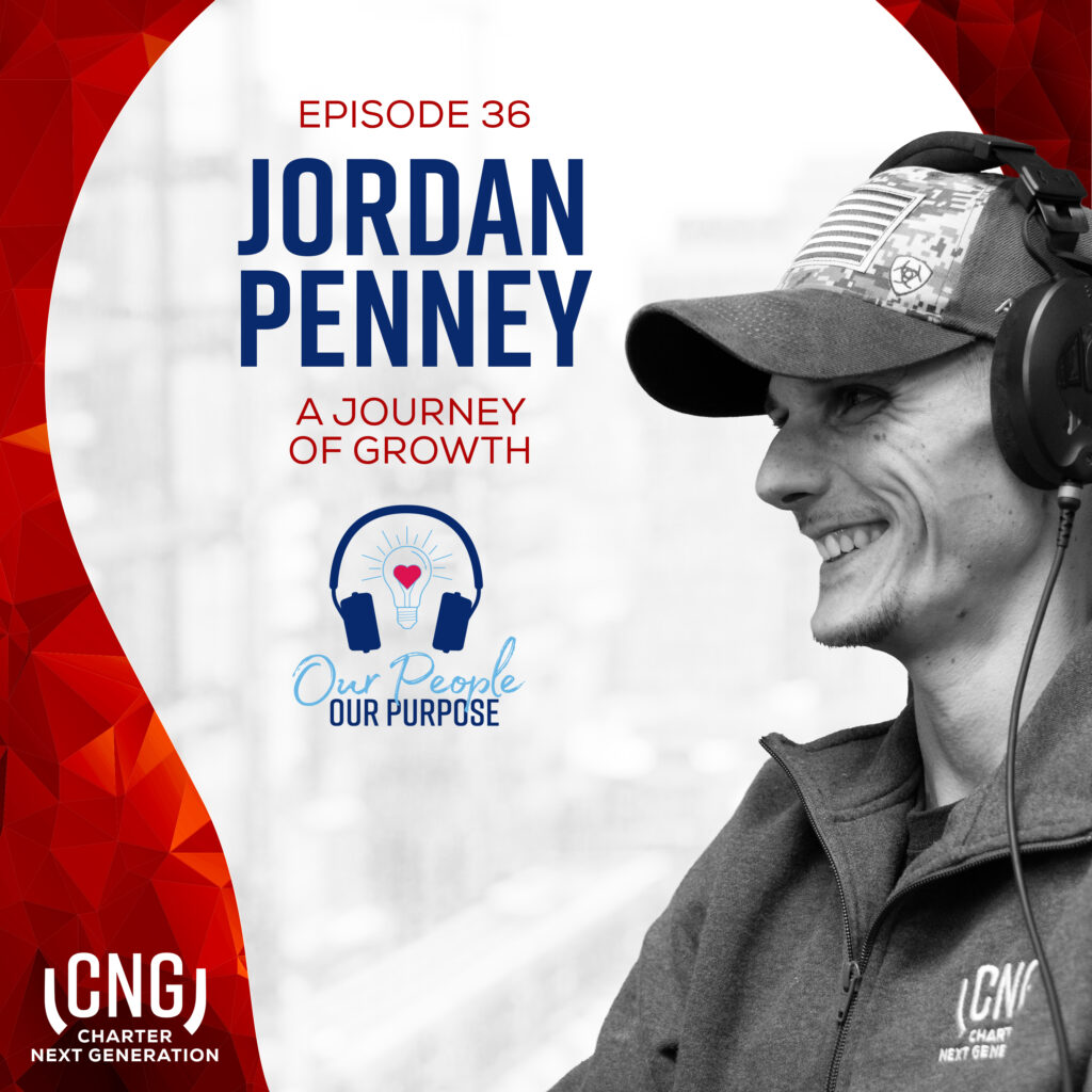 Black and white image of Jordan Penney wearing headphones and a cap, smiling. Text reads: "Episode 36: A Journey of Growth." CNG logo and "Our People, Our Purpose" graphic included.