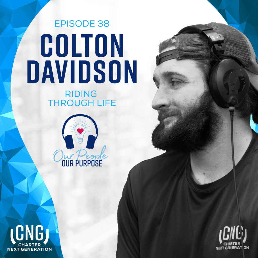 Man wearing headphones and a cap features in a podcast cover image for "Episode 38, Colton Davidson: Riding Through Life," highlighting insightful journeys with logos for Charter Next Generation.